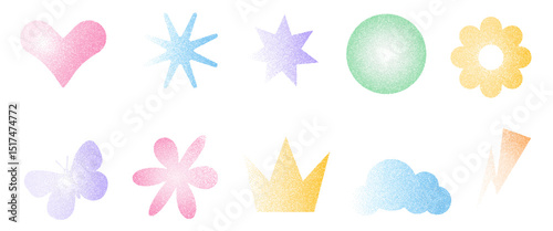 Grain gradient shapes. Dots geometric figures set. Y2k retro heart, star and circle with flower forms. Colorful butterfly, crown icons on white background. Vector illustration.