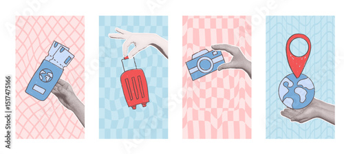 Travel collage with halftone hands and elements crayon drawn posters template set. Suitcase, location map, hand drawn grunge textured doodle. Tourism paper and scribble shapes. Vector illustration.