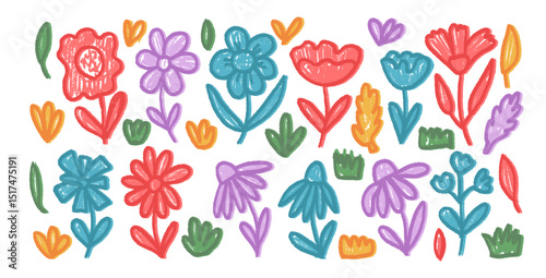 Flowers crayon drawn set. Naive floral multi colors doodle isolated on white background. Daisy, poppy, grass, leaves sketch elements. Vector childish style illustration by pencil.