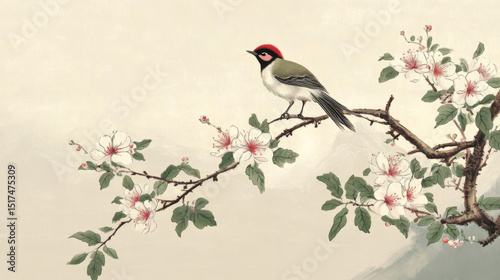 Bird standing on a branch, Chinese painting, ink painting