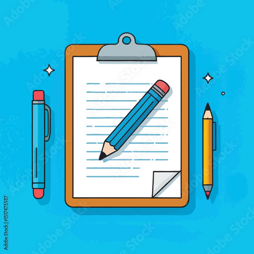 Colorful stationery items on clipboard with paper