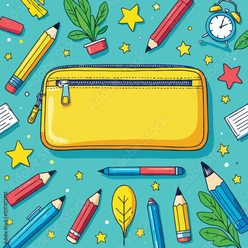 Colorful stationery items around a yellow pencil case