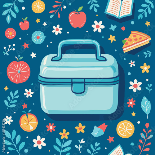 Lunchbox surrounded by colorful fruits and flowers