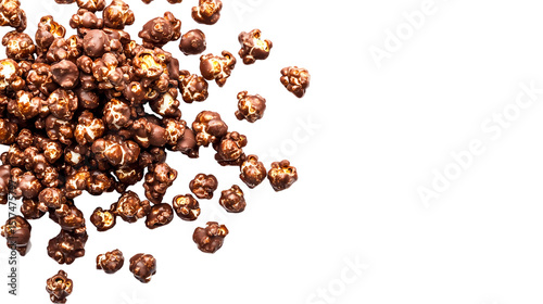 A top view of chocolate covered popcorn scattered with ample copy space on the right isolated on transparent background