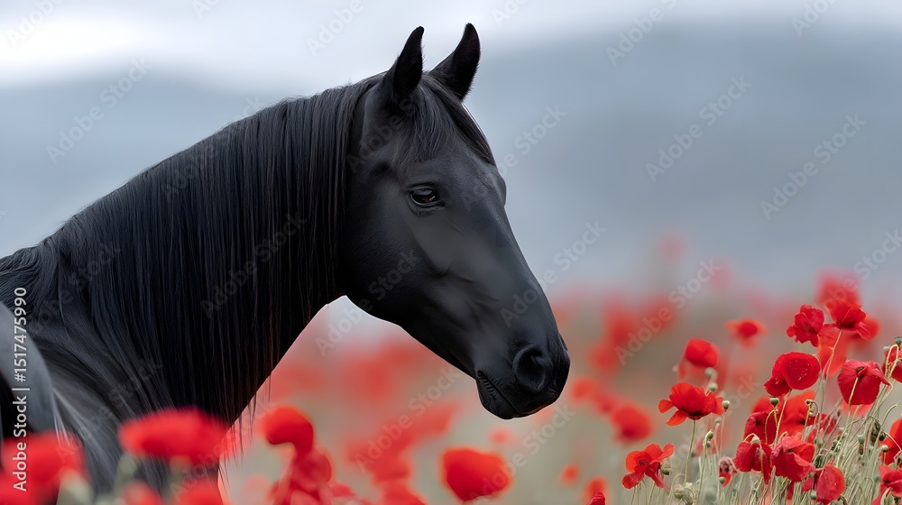 Fototapeta premium Majestic black horse amid a field of vibrant red poppies in moody light