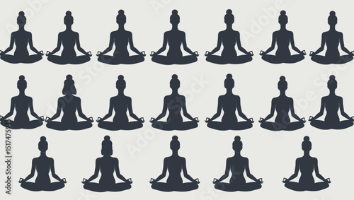 Multiple yoga silhouettes in lotus position aligned in rows, promoting mindfulness and wellness.