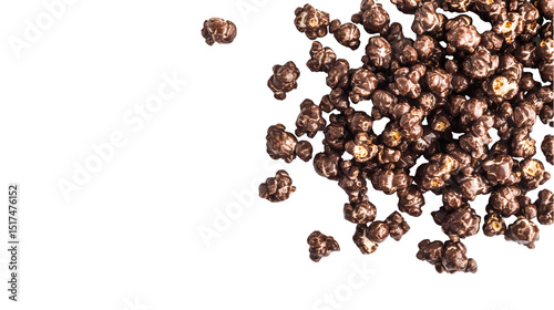 A pile of chocolate covered popcorn with and some scattered pieces on the left side isolated on transparent background