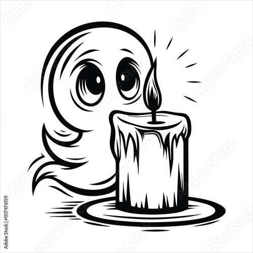 tiny ghost peeking from behind a candle  subtle gl 
