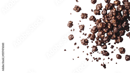 A heap of chocolate covered popcorn pieces scattered in a setting isolated on transparent background
