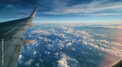 Airplane wing view of clouds and sky