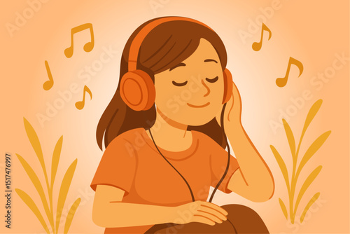 A young woman is sitting comfortably listening to music with headphones in the warm atmosphere around her. Cartoon illustration.
