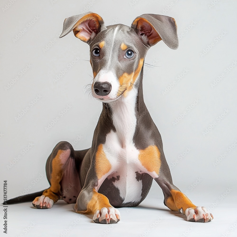 Adorable Whippet puppy sitting on a white background with expressive eyes and large ears, showcasing a sleek slim body and smooth short coat in gray tan coloration Adorable Whippet puppy sitting on a white background with expressive eyes and large ears, showcasing a sleek slim body and smooth short coat in gray tan coloration