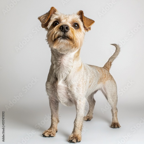Adorable small mixed breed dog with scruffy hair, alert expression, standing on white background, looking directly at camera, playful and friendly pet