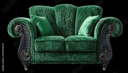 Emerald green velvet loveseat with dark wood trim