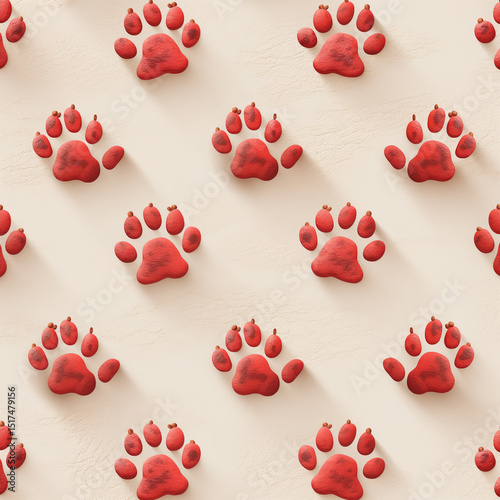 Playful red paw print pattern. Repeating 3D paw motifs on cream background. Great for pet-themed designs, textiles, or playful branding.