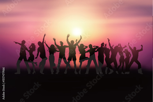 silhouettes of people dancing in a sunset landscape