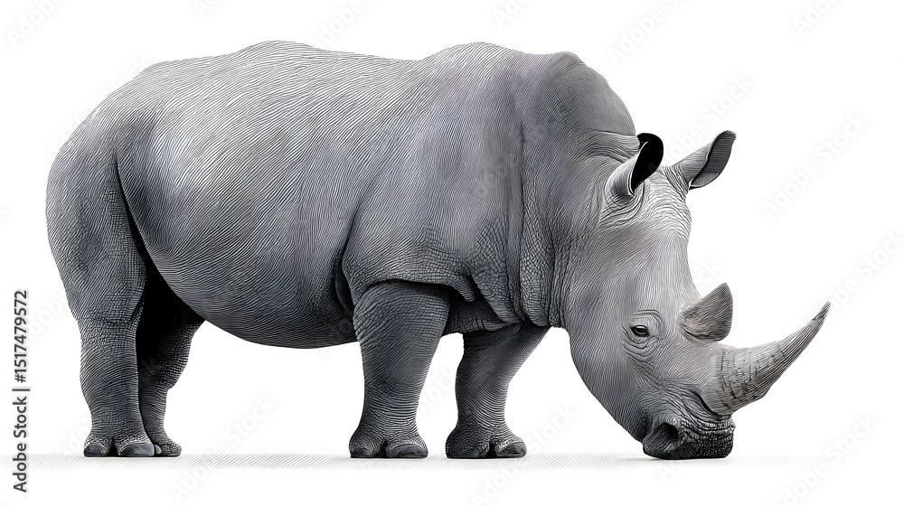 Obraz premium A large, powerful rhinoceros stands in profile against a plain background. long_title:A majestic, black and white rhinoceros with a prominent horn
