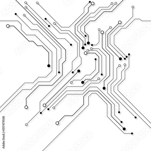 Circuit Board Technology Electronic Scheme Pattern Abstract Background. PCB Trace Black And White Engineering Data Communication Concept Vector.