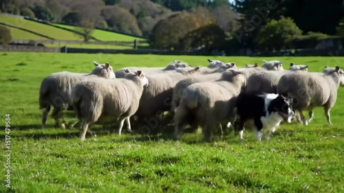 Sheep herded by border collie outdoors
