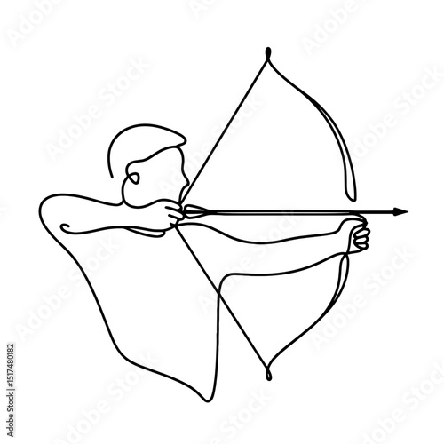 Archer aiming with bow and arrow in line drawing