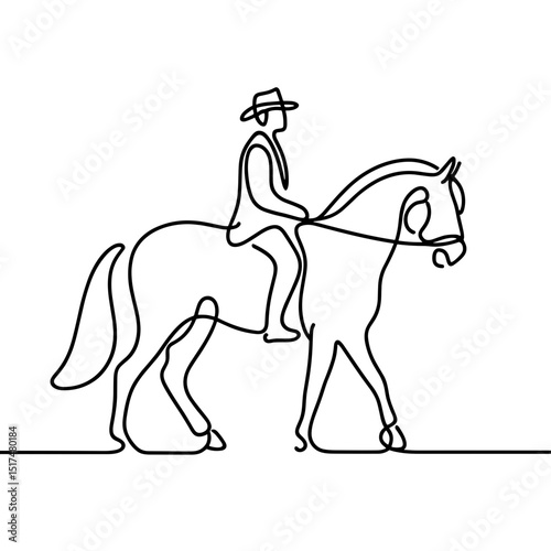 Horse rider on walking horse in line art style