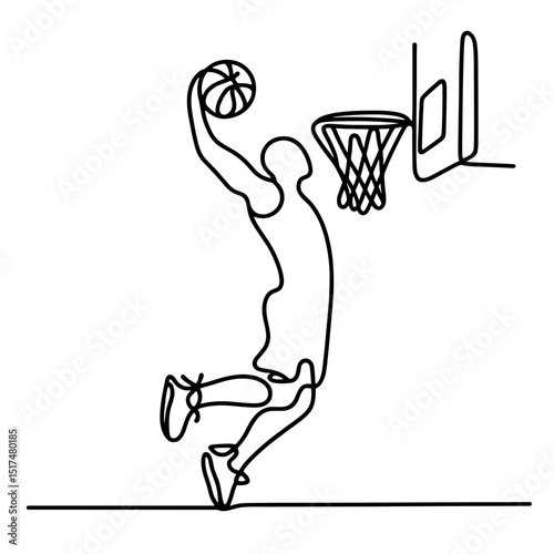Basketball player dunking ball in one line drawing