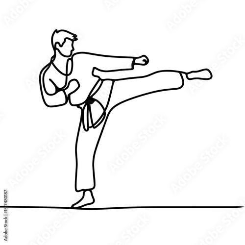Karate fighter kicking in minimal line style