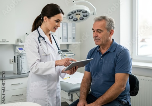 Woman doctor helping senior man with medical consultation in clinic. Physician showing patient digital data on tablet device.