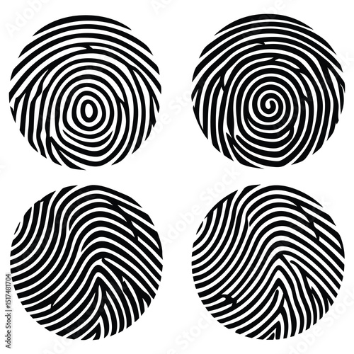 Four Unique Fingerprint Designs in Black and White Silhouette Style on a White Background silhouette