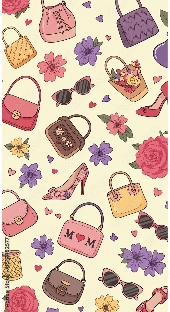 Naklejka premium Purses flowers accessories vector seamless pattern design