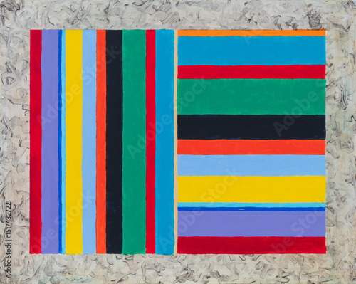 An abstract painting with grightly colored stripes.
 photo