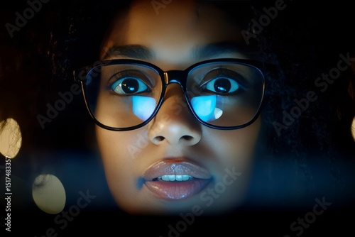 Engaged young woman with glasses focuses intently on screen during nighttime study session at home