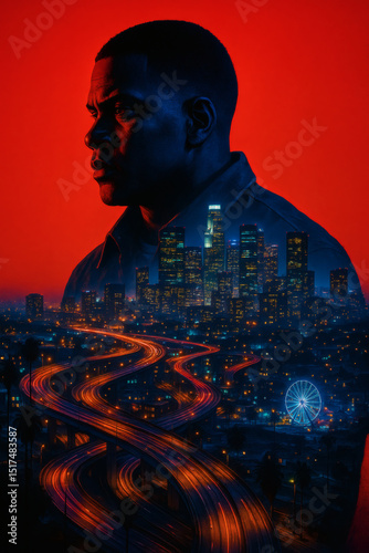 Urban Dreamscape: A contemplative figure stands superimposed over a city's glowing skyline and vibrant highways at twilight. photo