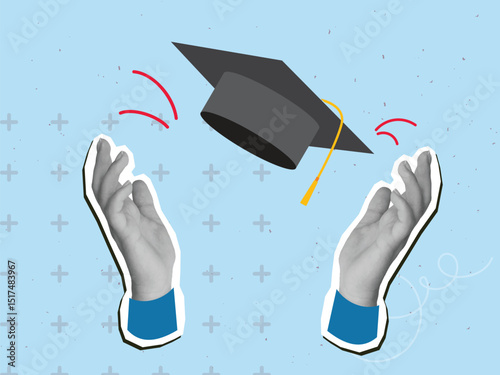 Black and white hands tosses college cap. Degree ceremony concept. Modern collage style. Vector illustration