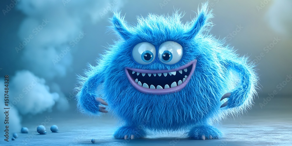 Fototapeta premium Cute blue fuzzy monster cartoon character