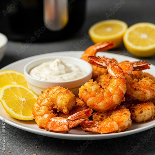 Crispy golden fried shrimp or prawns served on a white plate with creamy dipping sauce and fresh lemon wedges
