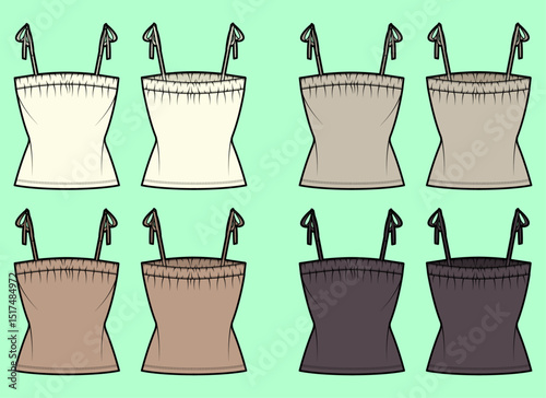 Women strap with tie details tops camisole colourway bundle technical drawing fashion flat sketch vector illustration template front and back views outline CAD mockup