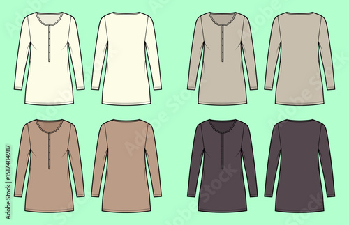 Women henley neck long sleeve with long leg t-shirt colourway bundle technical drawing fashion flat sketch vector illustration template front and back views outline CAD mockup