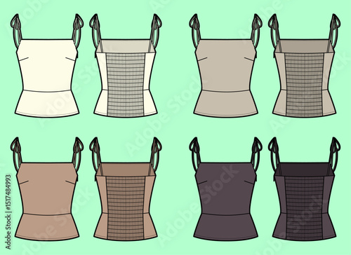 Women strap tops camisole colourway bundle technical drawing fashion flat sketch vector illustration template front and back views outline CAD mockup