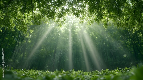 Sunbeams in Lush Green Forest, Nature Background