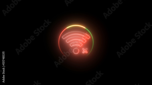 Neon Wifi Symbol with Connection Error on Black Background Indicating Network Issues and Technology Problems