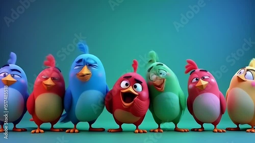 Row of cartoon birds in a variety of bright colors stand against a blue background