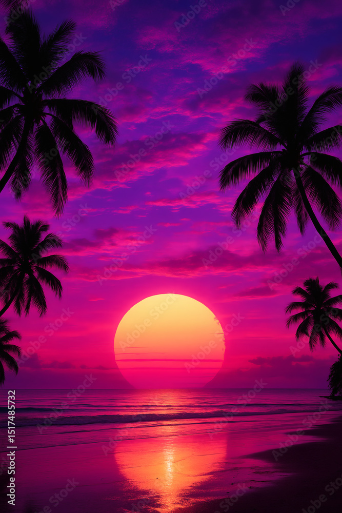 Naklejka premium Tropical beach sunset: Palm trees frame a vibrant magenta and purple sky, with the sun as a warm orange orb reflected in the ocean.