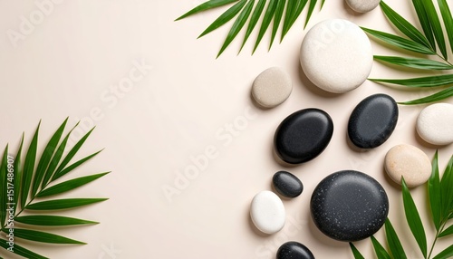 Relaxing spa massage stones flat lay background with tropical leaves