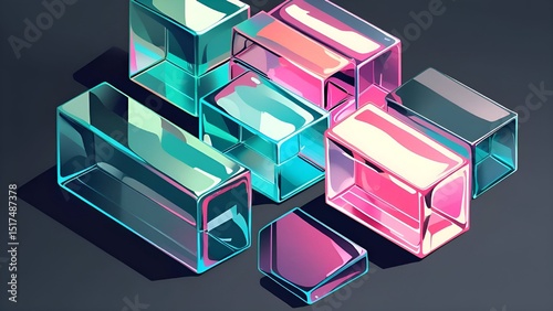 Vibrant, glass, cubes, transparent, geometric, abstract, colorful, pink, teal, reflective, modern, futuristic, glowing, dark background.

