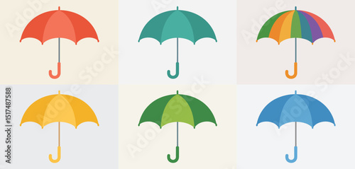 Six Colorful Umbrellas Flat Design Illustration