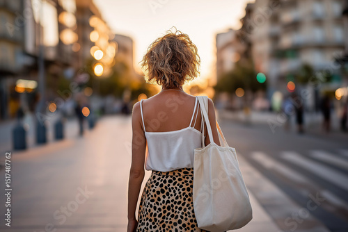 Back view of a woman walking in the city in summer look: maxi skirt, sleeveless top, minimal jewelry, simple tote bag, golden hour light,  photo