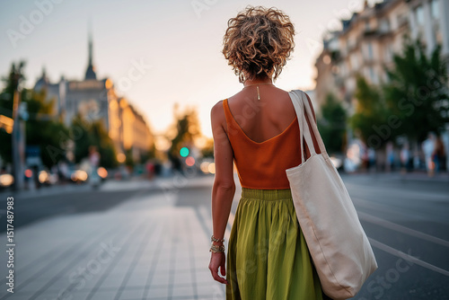 Back view of a woman walking in the city in summer look: maxi skirt, sleeveless top, minimal jewelry, simple tote bag, golden hour light, photo