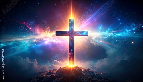 Heavenly Cross, A Symbol of Hope and Faith Radiating in Cosmic Light
