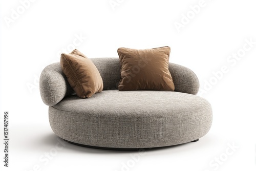 Round, upholstered chaise lounge with two tan pillows